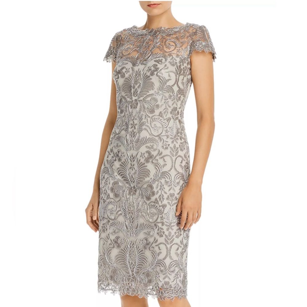 Tadashi Shoji Corded Lace Dress In Silver, Nwt, Size 16